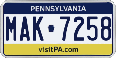 PA license plate MAK7258