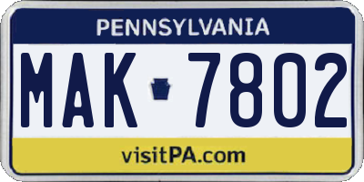 PA license plate MAK7802