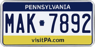 PA license plate MAK7892