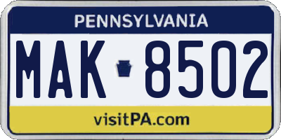 PA license plate MAK8502