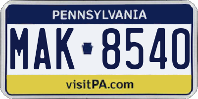 PA license plate MAK8540