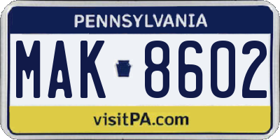 PA license plate MAK8602
