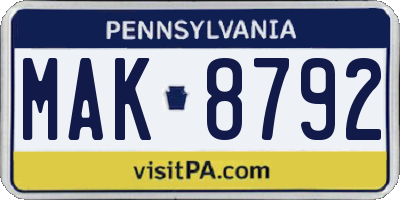 PA license plate MAK8792