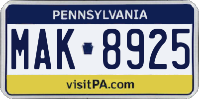 PA license plate MAK8925