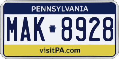 PA license plate MAK8928