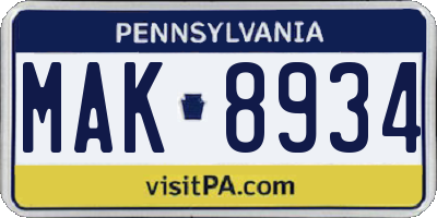 PA license plate MAK8934