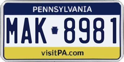 PA license plate MAK8981