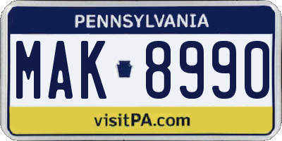 PA license plate MAK8990