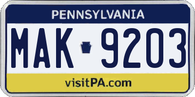 PA license plate MAK9203