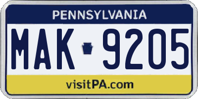 PA license plate MAK9205