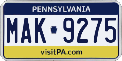 PA license plate MAK9275
