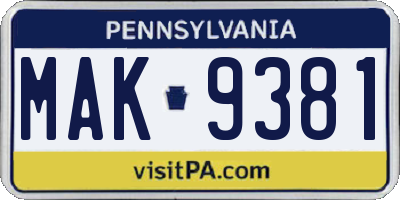 PA license plate MAK9381