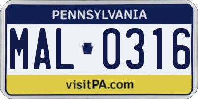 PA license plate MAL0316