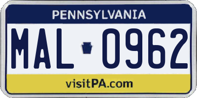 PA license plate MAL0962