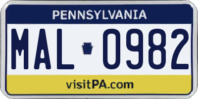 PA license plate MAL0982