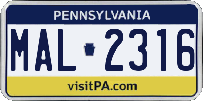 PA license plate MAL2316
