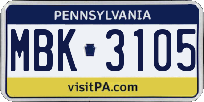 PA license plate MBK3105