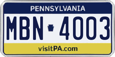PA license plate MBN4003