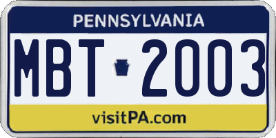 PA license plate MBT2003