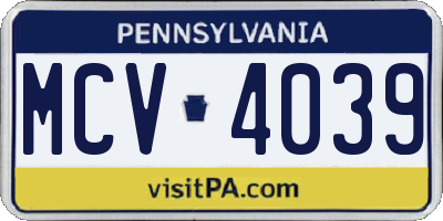 PA license plate MCV4039