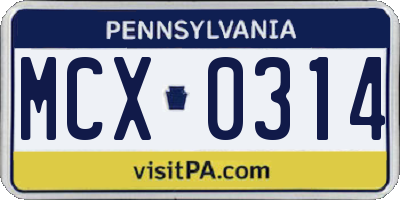 PA license plate MCX0314