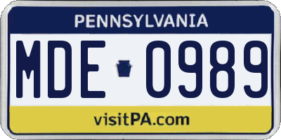 PA license plate MDE0989