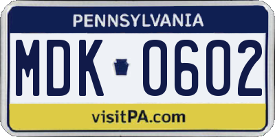 PA license plate MDK0602