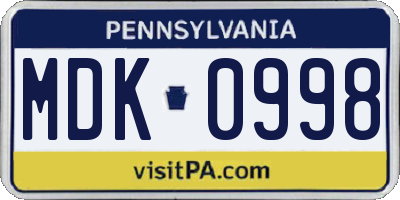 PA license plate MDK0998