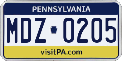 PA license plate MDZ0205
