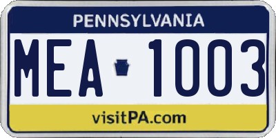 PA license plate MEA1003