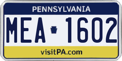 PA license plate MEA1602