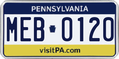 PA license plate MEB0120