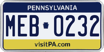 PA license plate MEB0232