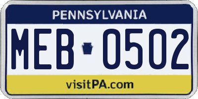 PA license plate MEB0502