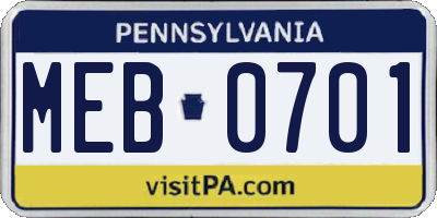PA license plate MEB0701