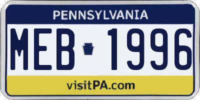 PA license plate MEB1996