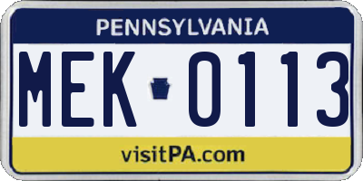 PA license plate MEK0113