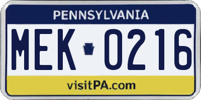 PA license plate MEK0216