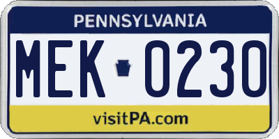 PA license plate MEK0230