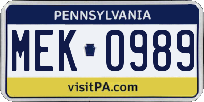 PA license plate MEK0989