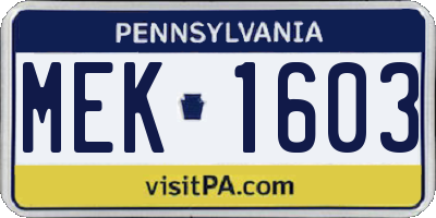 PA license plate MEK1603
