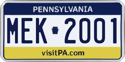 PA license plate MEK2001
