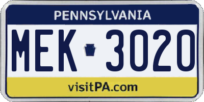 PA license plate MEK3020
