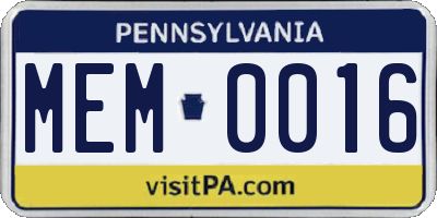 PA license plate MEM0016