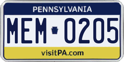 PA license plate MEM0205