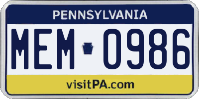 PA license plate MEM0986