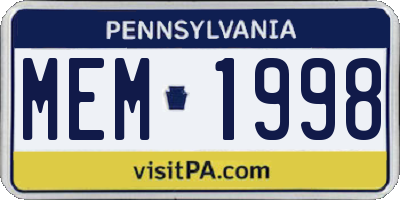 PA license plate MEM1998