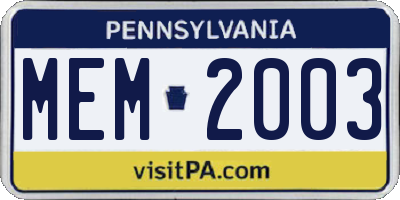 PA license plate MEM2003