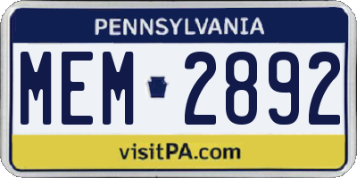 PA license plate MEM2892