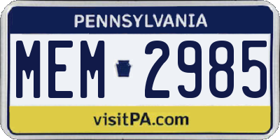 PA license plate MEM2985